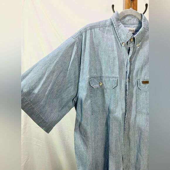 Carhartt Vintage Denim Shirt Button Up Chambray Work Shirt 100% Cotton Sz Large - Picture 5 of 7
